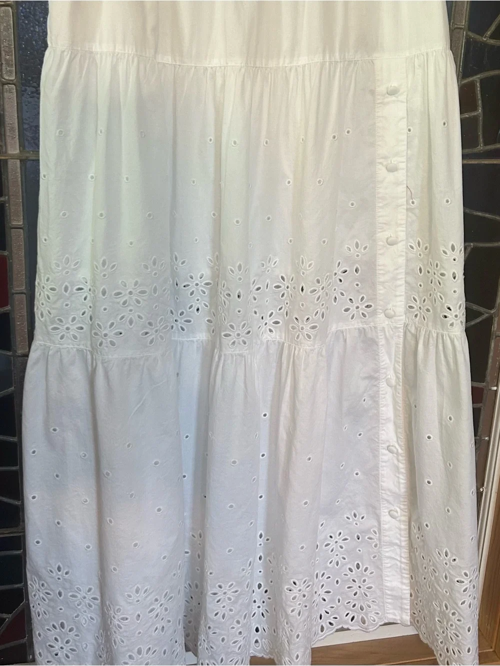 COACH White Eyelet Tiered Maxi Skirt Side Buttons Size 8